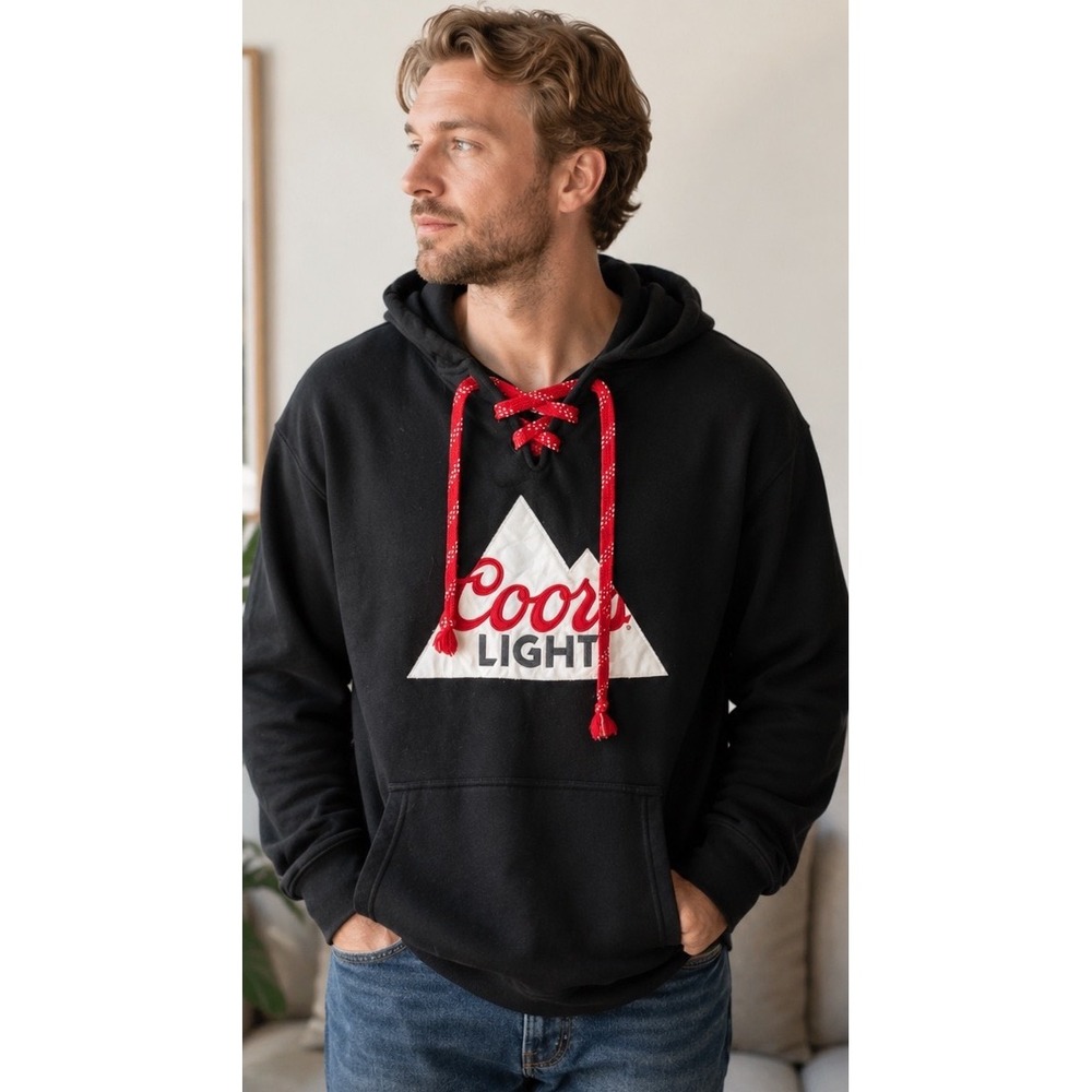 Coors Light Mens Large Black Lace Up Hockey Style Graphic Hoodie Sweatshirt